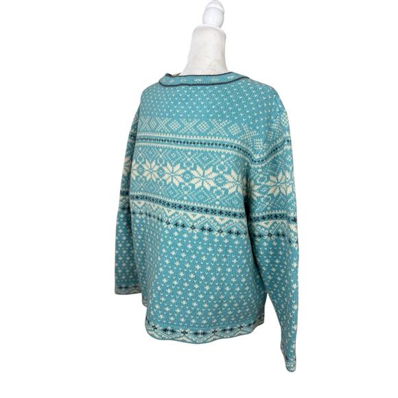 LL Bean Sweater Womens 1X Teal Nordic Lambs Wool Fair Isle Snow Flake Cardigan - Picture 3 of 11